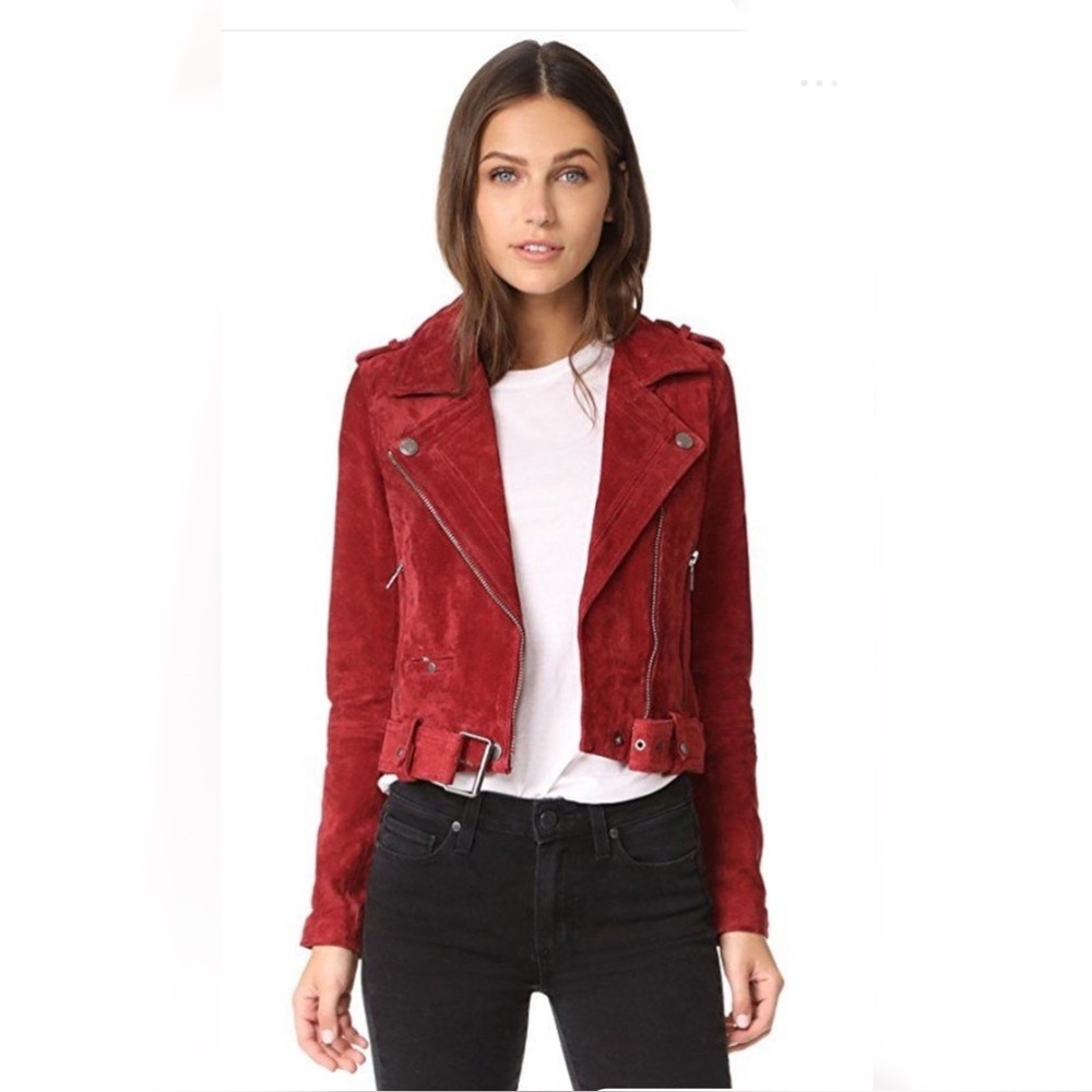 Blank NYC $198 Women’s Backhanded Red Suede Leather Moto Jacket Size S NWT - Picture 2 of 9